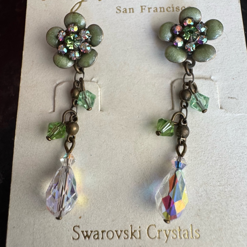 Swarovski Crystal Green and Gold Flower Earrings